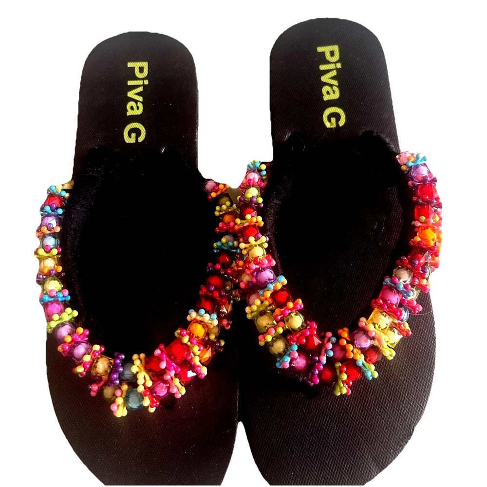Piva G Womens Coral Style Multi Beaded Flip Flops Summer Thong Slide Sandals 8?